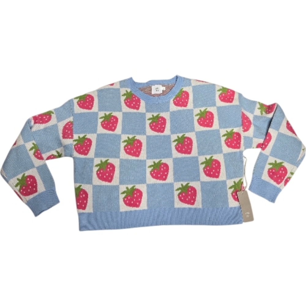 NEW Luna Ivy blue strawberry check boxy crop sweater M